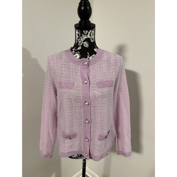 BLOOMINGDALES Purple Pink Pearl Buttons 2-Ply Cashmere Jacket Cardigan Medium - Picture 2 of 6